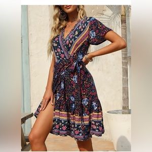 NWT Wrap V Neck Bohemian Floral Print Ruffle Swing A Line Beach Mini Dress